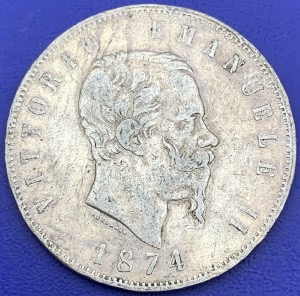 Italie 5 Lire argent 1874 Victor Emmanuel II