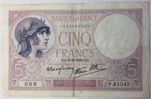 billet 5 francs Violet 17-8-1939