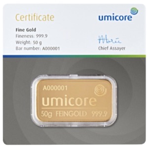 Lingot 50g d'or 999,9 Umicore scellé certification 