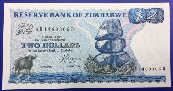 Billet 2 dollars Zimbabwe 1993