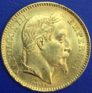Monnaie 20 francs or, Napoleon III Tête laurée, 1866 BB