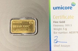 Lingot 5 Grammes Or 999,9 scellé UMICORE