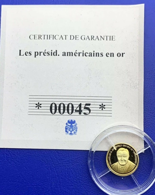 Pièce Or, Président Franklin D. Roosevelt, 2013, Flan Bruni, Certificat