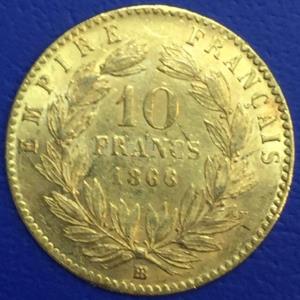 Pièce de Monnaie Française or, 10 francs Napoleon III Tête laurée, 1866 BB