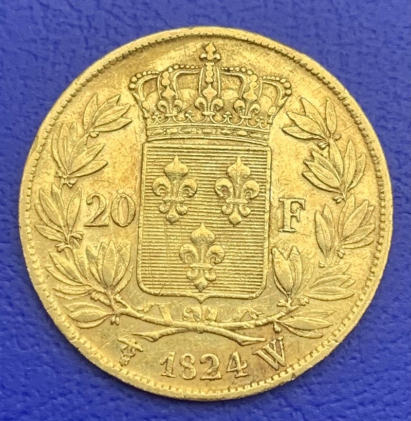 20 Francs Or Louis XVIII 1824 W Buste Nue
