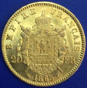 20 Francs or, Napoleon III Tete laurée, 1865 BB