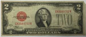 Billet américain 2 Dollars 1928D rouge 