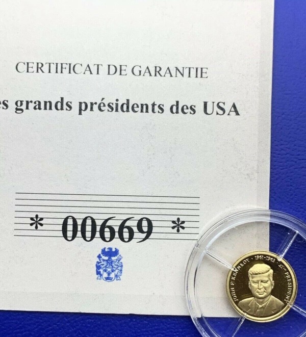 Pièce Or, Président John F. Kennedy, 2013, Flan Bruni, Certificat