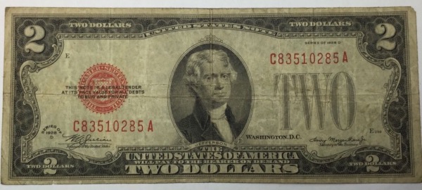 Billet 2 Dollars 1928D rouge Etats-unis