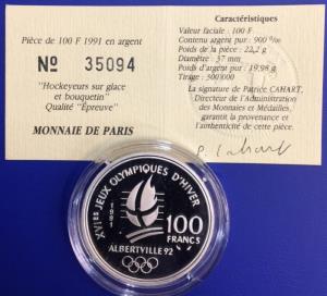 100 Francs JO Albertville 1992 Hockeyeurs Monnaie de Paris
