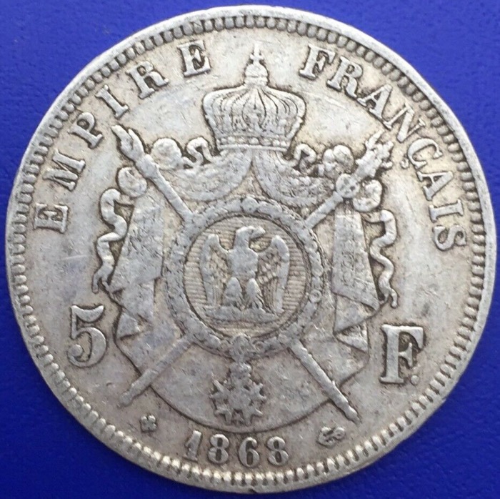 Monnaie argent,  5 francs Napoléon III, 1868 BB, Strasbourg