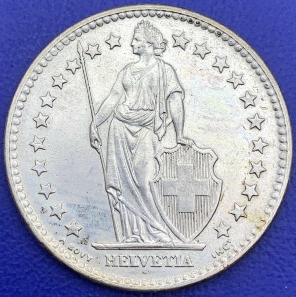 Suisse 2 francs Helvetia debout 1961