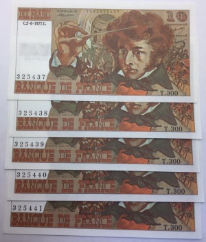 France suite de 5 billets 10 francs Berlioz 1977