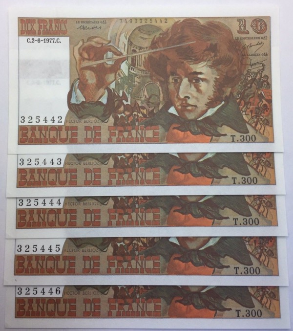 France suite de 5 billets 10 francs Berlioz 1977