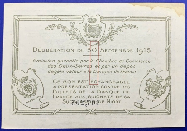 France, Billet 1 Franc 1915, Chambre de commerce des Deux-Sèvres