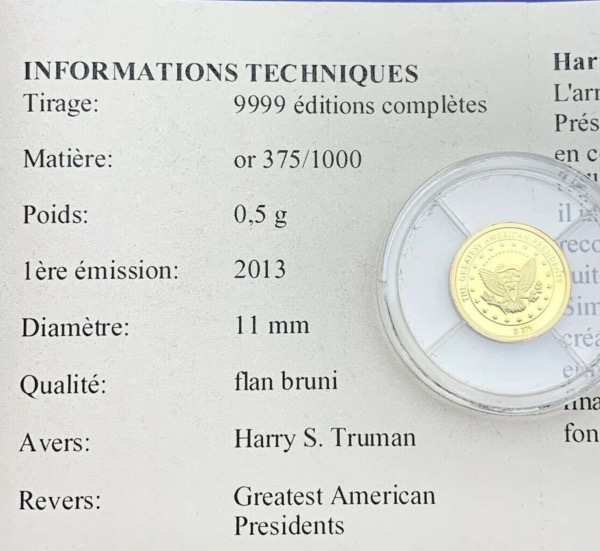 Pièce Or, Président Harry S. Truman, 2013, Flan Bruni, Certificat