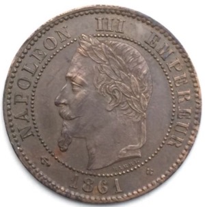 2 centimes Napoléon III tête laurée 1861 BB