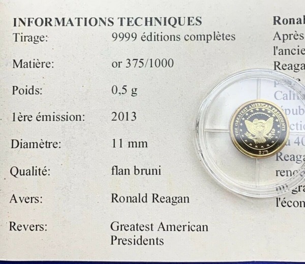 Pièce Or, Président Ronald Reagan, 2013, Flan Bruni, Certificat