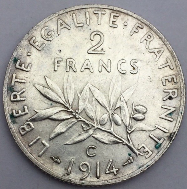 Pièce argent, Semeuse, 2 Francs, 1914 C, Castelsarrasin