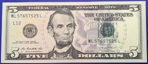 Etats-Unis, Billet 5 dollars San Francisco 2013, Lincoln, Neuf