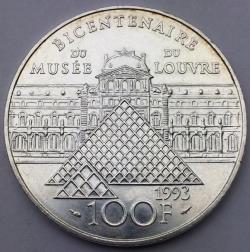 Monnaie argent, 100 francs, Bicentenaire musée du Louvre 1993
