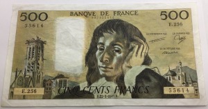 Billet 500 francs Pascal 22-1-1987