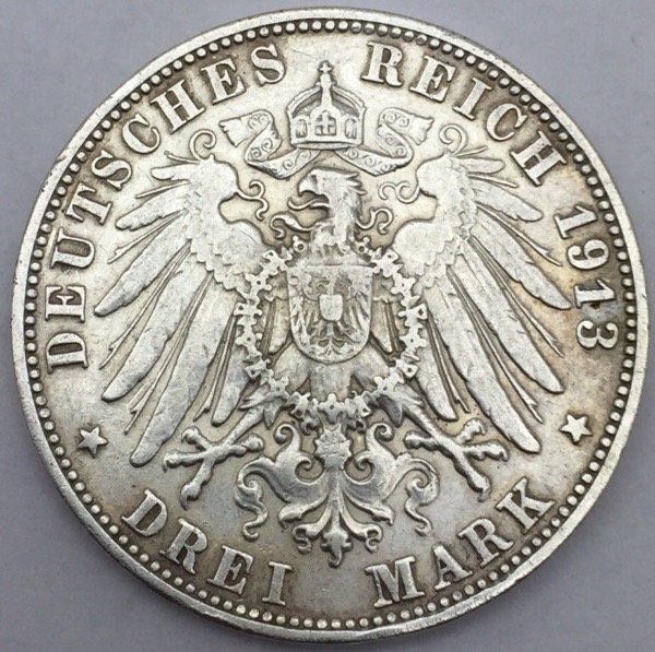 3 Drei mark Wilhelm II 1913 F