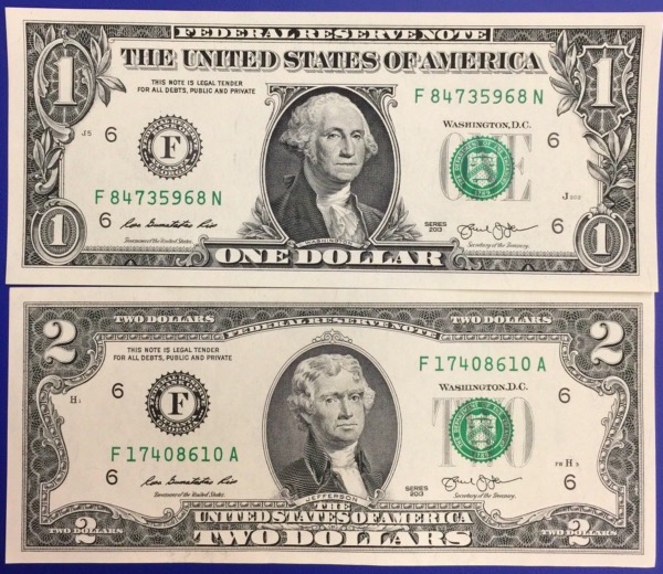 États-Unis billets 1 et 2 dollars 2013 Atlanta