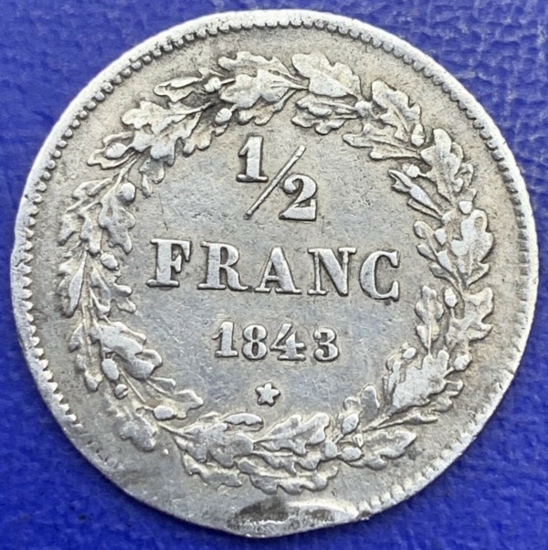 Léopold Ier Roi des Belges Demi Franc 1843, argent