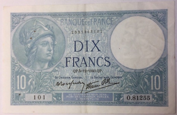 10 francs Minerve 5-12-1940