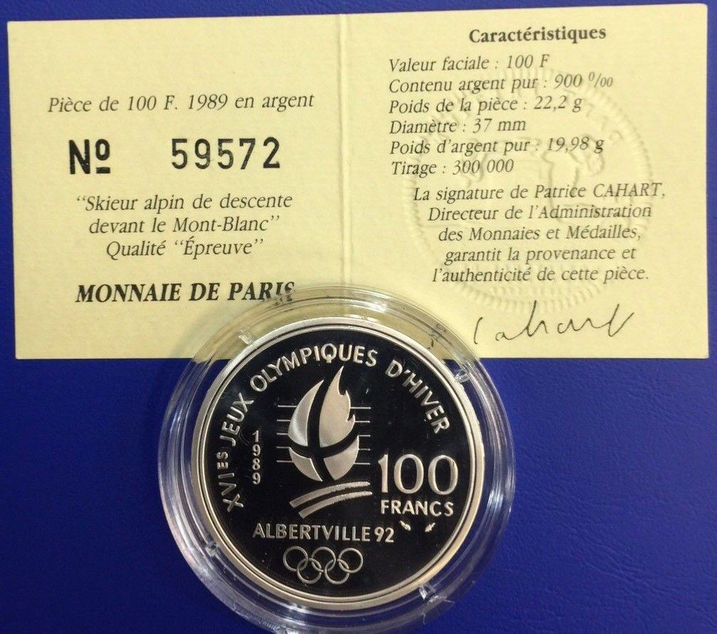 100 Francs JO Albertville 1992 Skieur alpin Monnaie de Paris