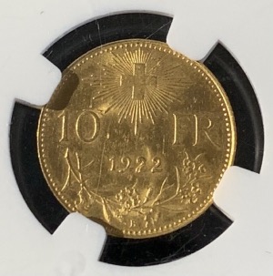 10 Francs or Vreneli 1922 Suisse