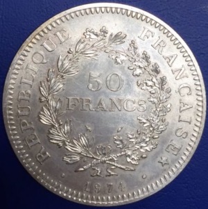 Monnaie, France, 50 francs Hercule, argent, 1974 avers 20 francs