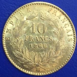 Pièce 10 francs or, Napoleon III Tete laurée, 1866 GRANB BB