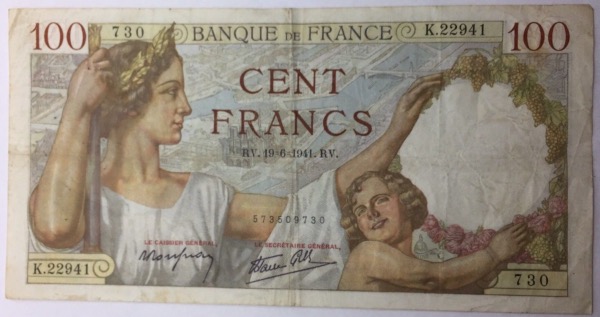 billet 100 francs Sully 19-6-1941