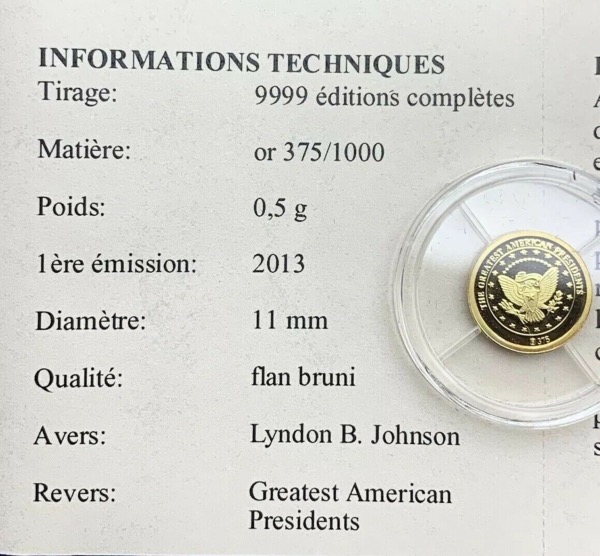 Pièce Or, Président Lyndon B. Johnson, 2013, Flan Bruni, Certificat