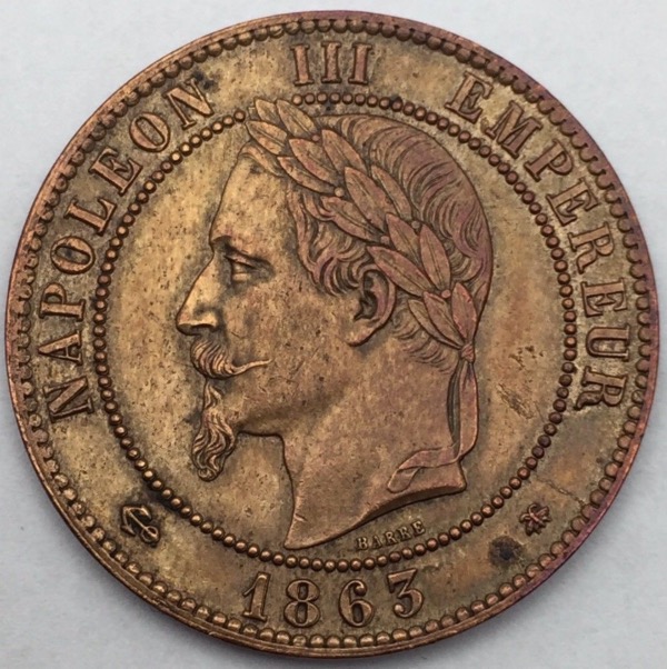 France ,10 centimes, Napoléon III tête laurée, 1863 A