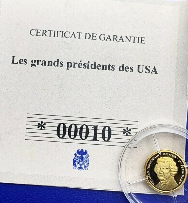 Pièce Or, Président Thomas Jefferson, 2013, Flan Bruni, Certificat