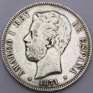 Espagne 5 Pesetas Amadeo I 1871 Madrid