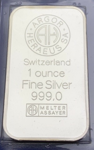 Lingot argent 1 Once 999 Suisse Argor Heraeus Schwyz Neuf Scellé