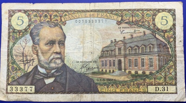 France, Billet 5 Francs Pasteur 1966