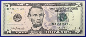 Etats-Unis, Billet 5 dollars San Francisco 2013, Lincoln, Neuf