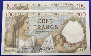 Billet France, 100 Francs Sully, 2-4-1942, Suite 2 Billets